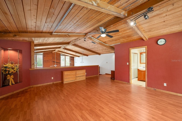 7201 SW 97th Ln, Gainesville, FL 32608 - unfurnished living room with wood ceiling, wood finished floors, rail lighting, and ceiling fan