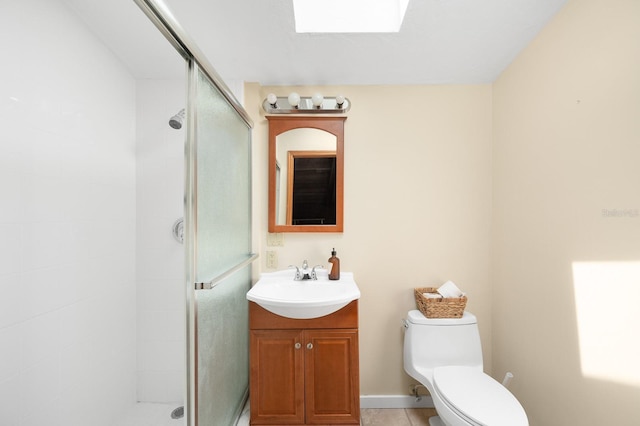 7201 SW 97th Ln, Gainesville, FL 32608 - full bathroom with a stall shower, a skylight, vanity, and tile patterned flooring