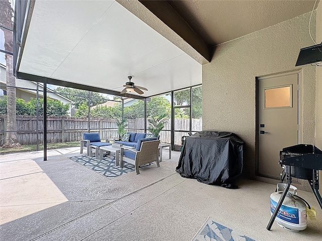 2421 Cimmaron Ash Way, Apopka, FL 32703 - view of patio / terrace with an outdoor hangout area, a lanai, a ceiling fan, and area for grilling
