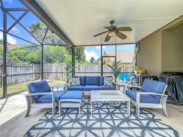2421 Cimmaron Ash Way, Apopka, FL 32703 - fenced backyard with an outdoor hangout area, a patio, ceiling fan, and a lanai