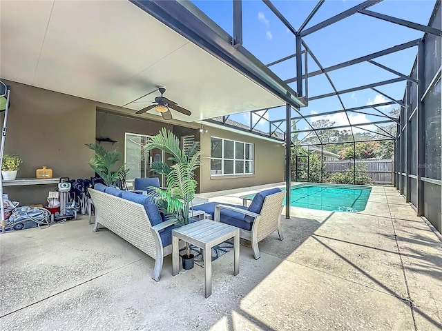 2421 Cimmaron Ash Way, Apopka, FL 32703 - view of patio / terrace featuring outdoor lounge area, a ceiling fan, and glass enclosure