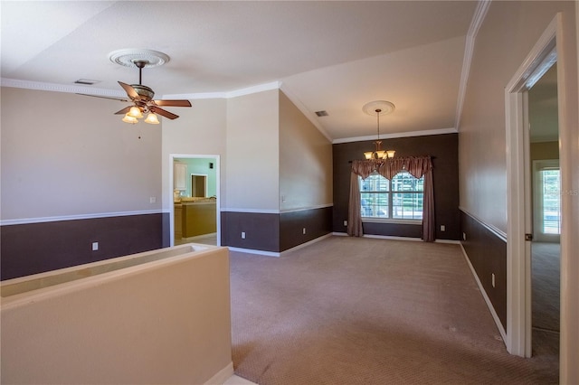 14933 Thoroughbred Ln, Montverde, FL 34756 - carpeted spare room featuring a chandelier, crown molding, a ceiling fan, and lofted ceiling