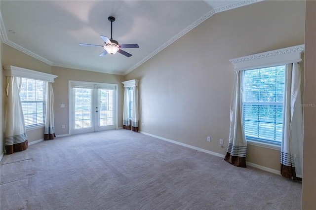 14933 Thoroughbred Ln, Montverde, FL 34756 - carpeted empty room featuring lofted ceiling, a ceiling fan, plenty of natural light, and crown molding