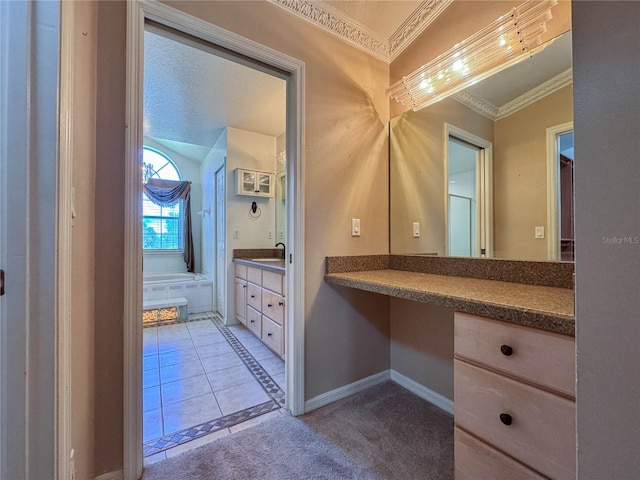 14933 Thoroughbred Ln, Montverde, FL 34756 - bathroom with crown molding, vanity, tile patterned flooring, and a tub