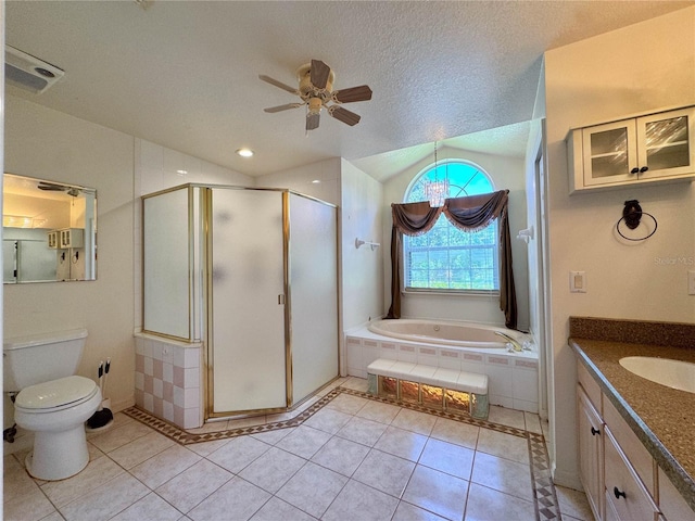 14933 Thoroughbred Ln, Montverde, FL 34756 - bathroom featuring vanity, tile patterned flooring, a ceiling fan, a bath, and a stall shower