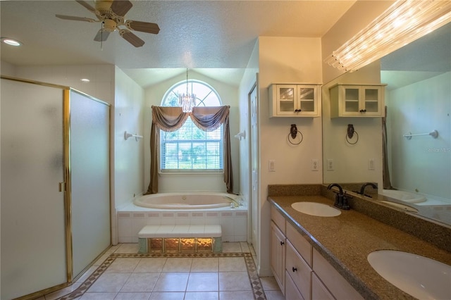 14933 Thoroughbred Ln, Montverde, FL 34756 - full bath with tile patterned flooring, a stall shower, a bath, a chandelier, and double vanity
