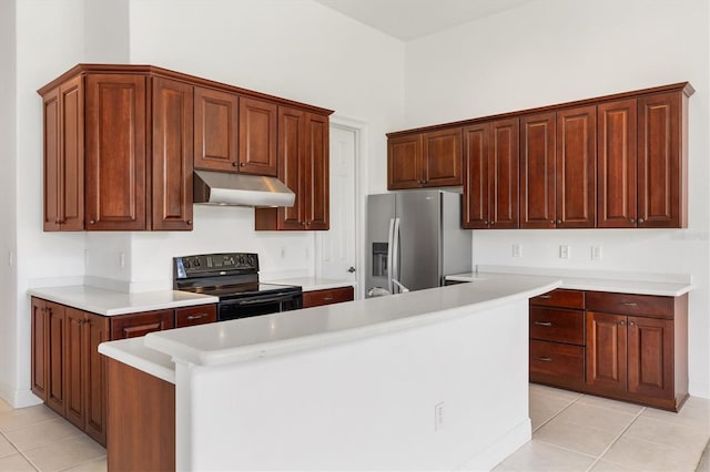 6109 Spinnaker Loop, Lady Lake, FL 32159 - kitchen with black electric range, under cabinet range hood, light tile patterned flooring, stainless steel refrigerator with ice dispenser, and light countertops