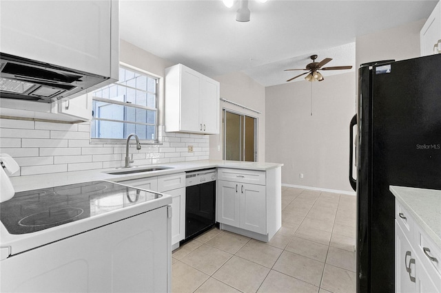 4751 Deer Run Rd, Saint Cloud, FL 34772 - kitchen featuring black appliances, white cabinetry, decorative backsplash, light tile patterned floors, and ceiling fan