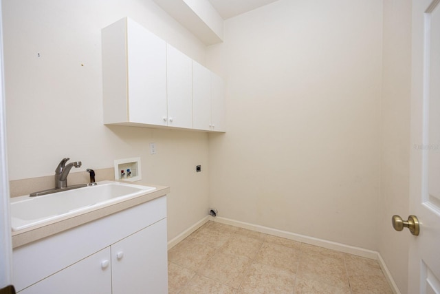 clothes washing area with cabinets, light tile flooring, washer hookup, electric dryer hookup, and sink