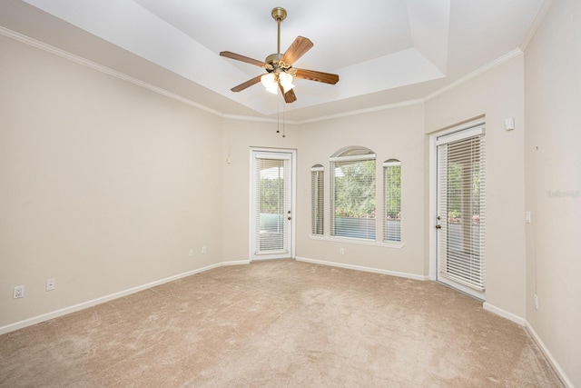 carpeted spare room with a raised ceiling, ceiling fan, and ornamental molding