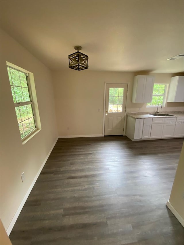 unfurnished living room featuring wood-type flooring and sink