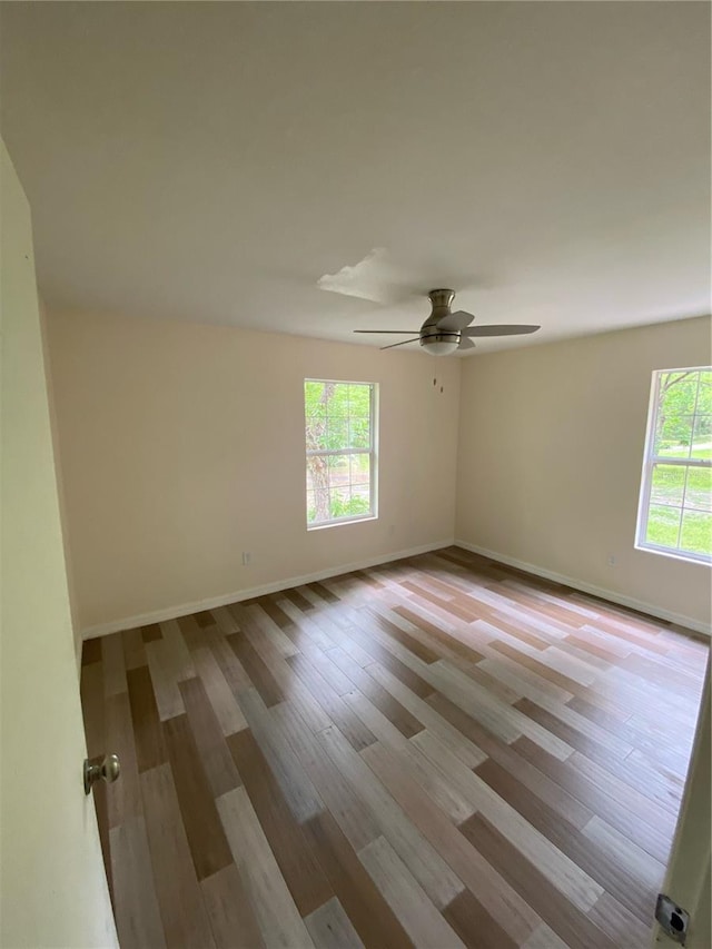 spare room featuring ceiling fan and light wood-type flooring