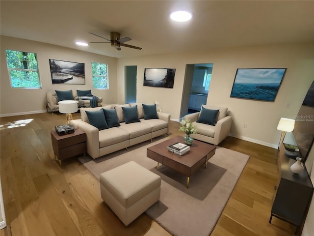 living room with light hardwood / wood-style floors and ceiling fan