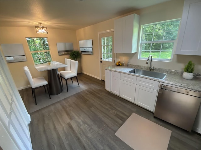 kitchen featuring white cabinetry, dark wood-type flooring, sink, and stainless steel dishwasher