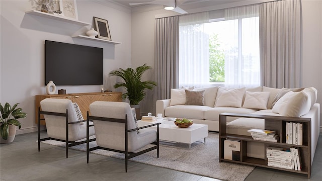 living room with ornamental molding