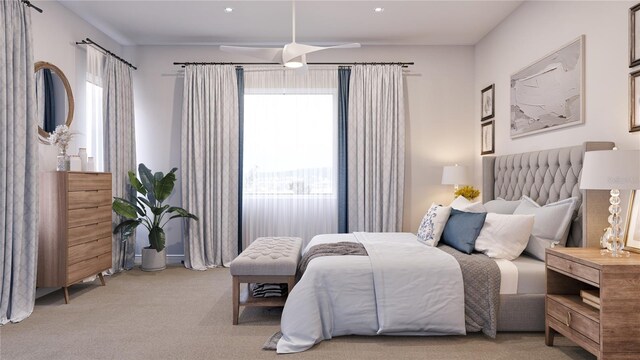 carpeted bedroom featuring ceiling fan