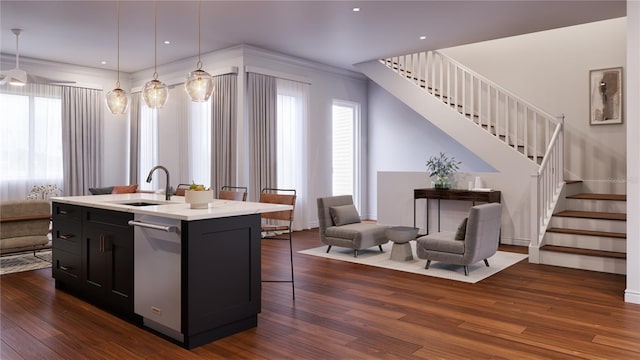 kitchen with dark hardwood / wood-style flooring, stainless steel dishwasher, sink, hanging light fixtures, and an island with sink