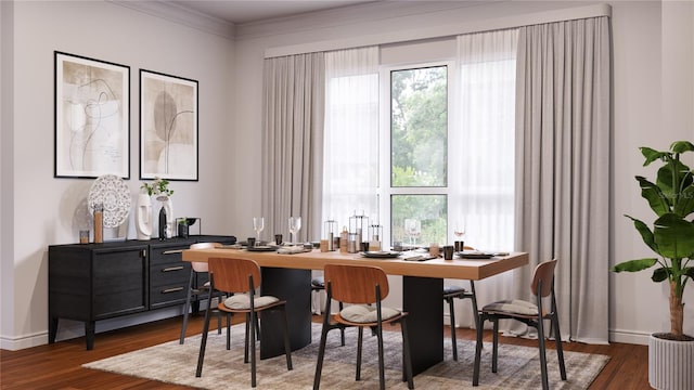 interior space with dark hardwood / wood-style flooring and ornamental molding