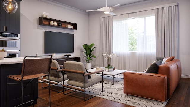 living room with ceiling fan, ornamental molding, and dark wood-type flooring