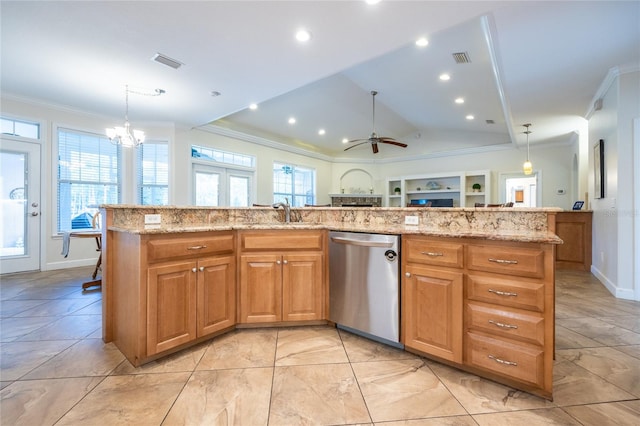 kitchen featuring a center island with sink, dishwasher, and pendant lighting