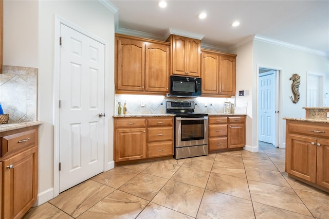 kitchen featuring light stone countertops, electric stove, crown molding, and tasteful backsplash