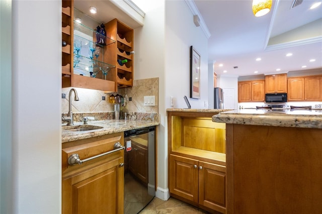 kitchen featuring black appliances, sink, decorative backsplash, ornamental molding, and light tile patterned floors