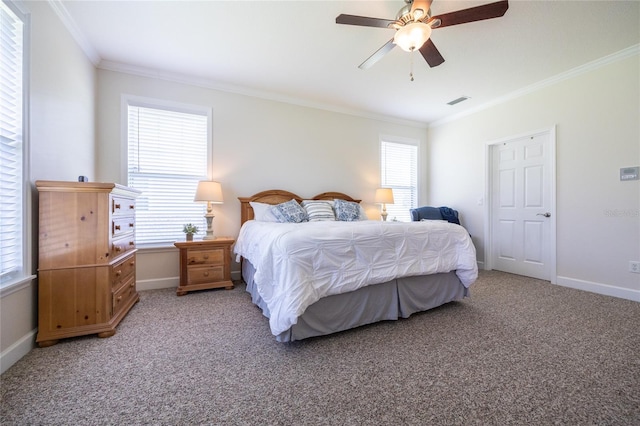 bedroom featuring carpet flooring, ceiling fan, and crown molding