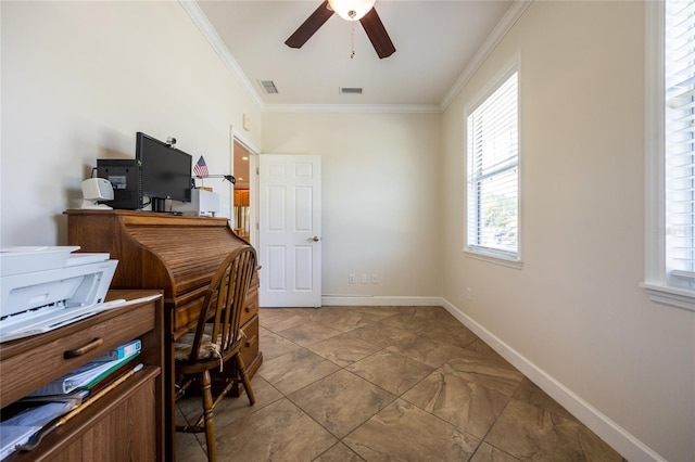 office area with ceiling fan and ornamental molding