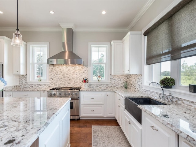 kitchen featuring tasteful backsplash, stainless steel stove, wall chimney exhaust hood, and a wealth of natural light