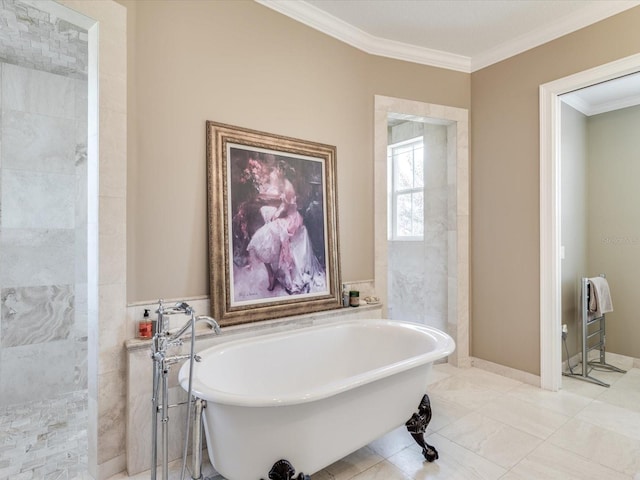 bathroom with a bath, tile floors, and ornamental molding