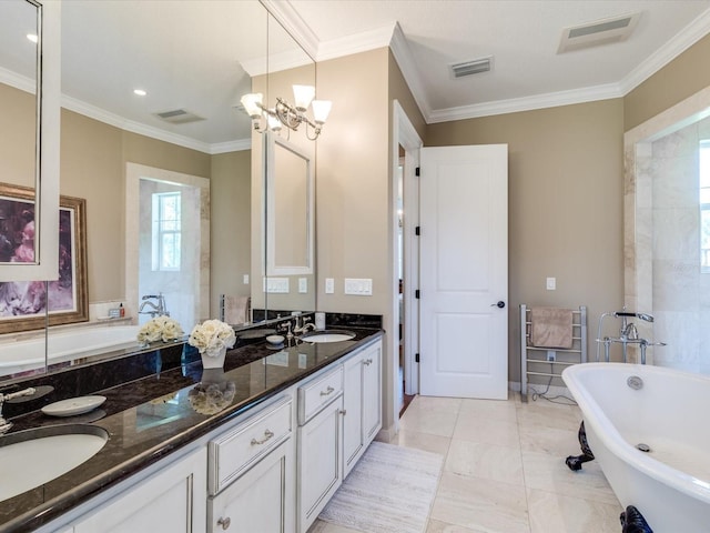 bathroom with a tub, a notable chandelier, dual vanity, tile floors, and ornamental molding