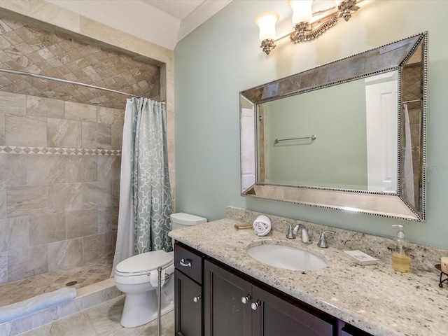 bathroom featuring toilet, tile flooring, curtained shower, and oversized vanity