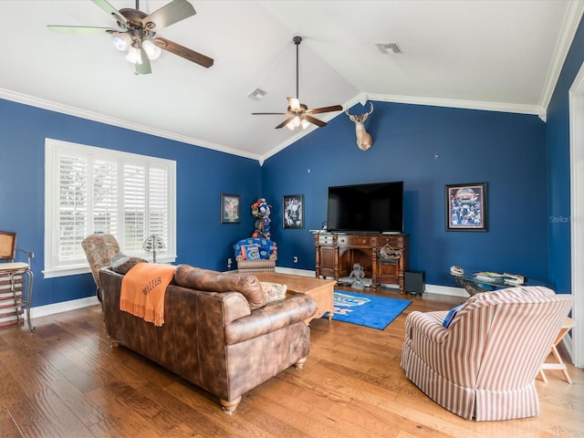 living room featuring crown molding, lofted ceiling, ceiling fan, and light wood-type flooring