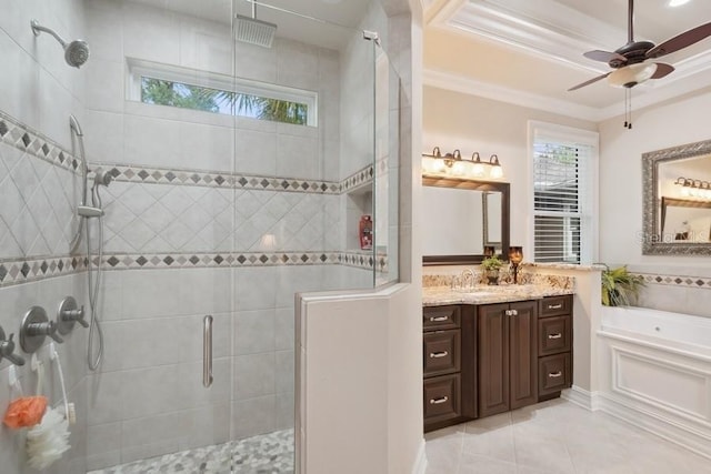 bathroom featuring shower with separate bathtub, tile patterned flooring, ornamental molding, vanity, and ceiling fan