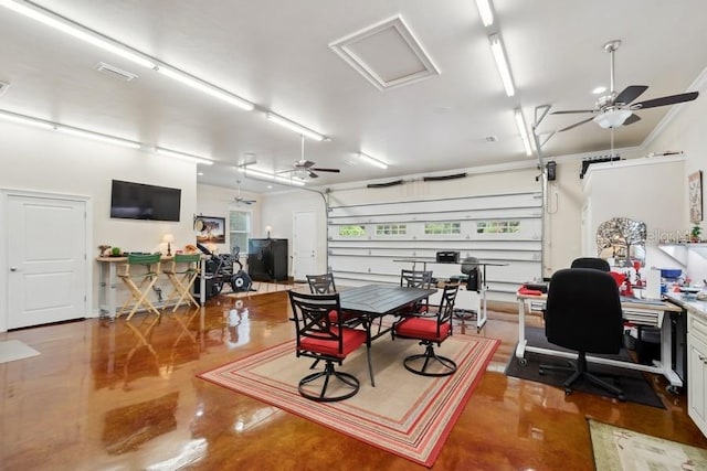 garage with ceiling fan