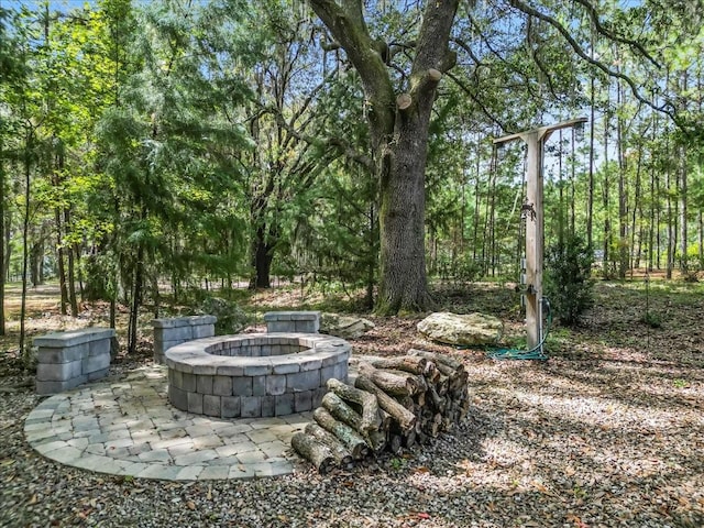 view of yard featuring a patio area and a fire pit