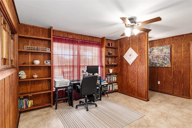 office area with ceiling fan and wooden walls