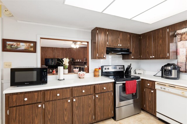 kitchen with stainless steel range with electric stovetop, dark brown cabinetry, ornamental molding, white dishwasher, and ceiling fan