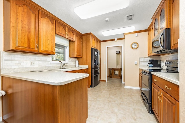 kitchen featuring tasteful backsplash, black / electric stove, ornamental molding, and fridge with ice dispenser