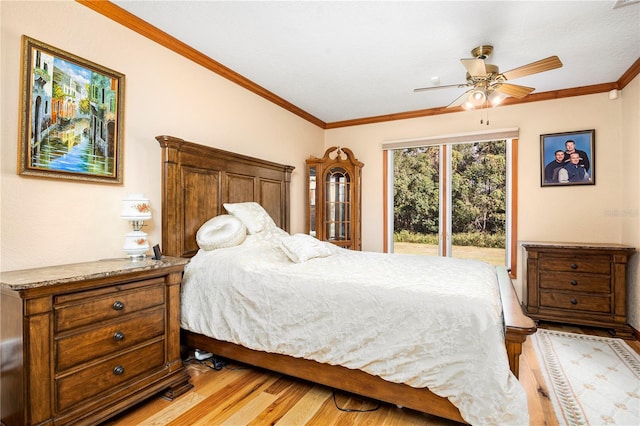 bedroom with access to outside, crown molding, ceiling fan, and light hardwood / wood-style flooring