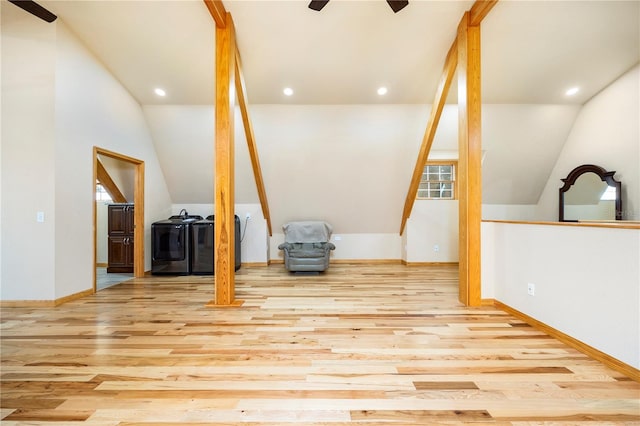 interior space with a healthy amount of sunlight, ceiling fan, and light wood-type flooring