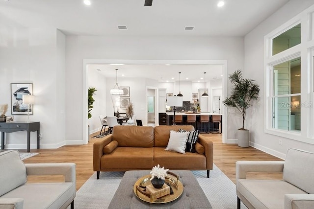 living room with light hardwood / wood-style flooring