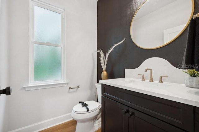 bathroom featuring toilet, hardwood / wood-style flooring, and vanity