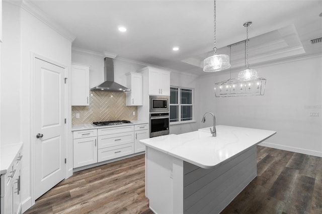 kitchen featuring dark hardwood / wood-style floors, a tray ceiling, an island with sink, stainless steel appliances, and wall chimney exhaust hood