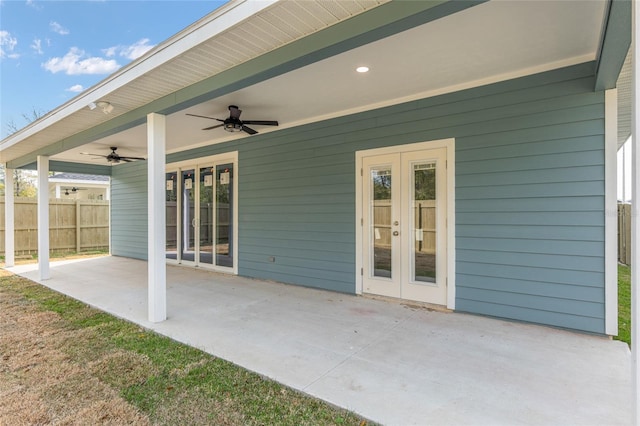 view of patio / terrace with ceiling fan and french doors