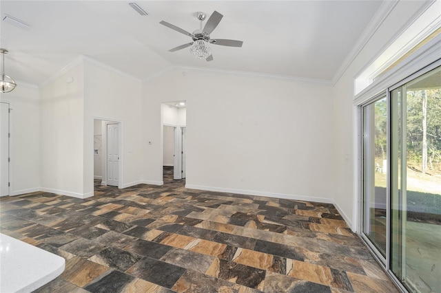 unfurnished room with crown molding, ceiling fan with notable chandelier, and vaulted ceiling