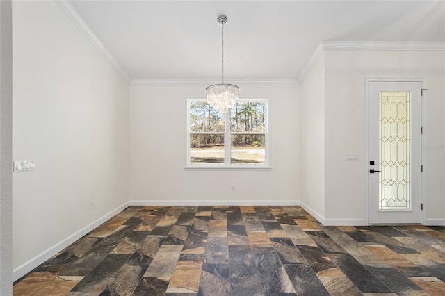 unfurnished dining area featuring dark tile patterned flooring, a chandelier, and ornamental molding