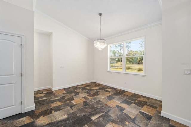 empty room featuring ornamental molding, a notable chandelier, dark tile patterned floors, and lofted ceiling