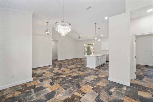 unfurnished living room featuring high vaulted ceiling and an inviting chandelier