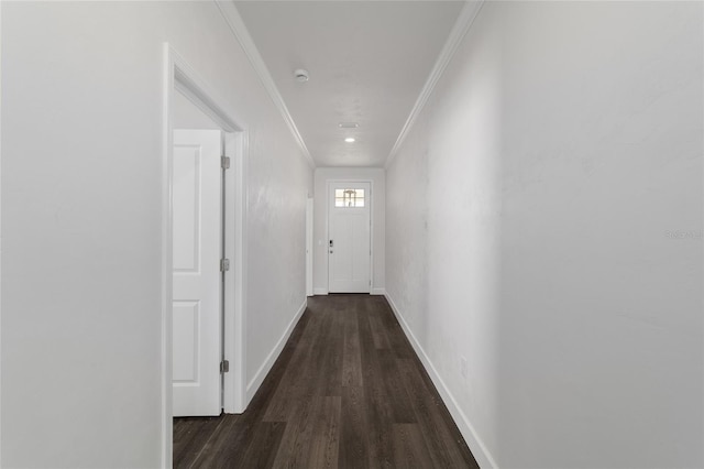 hall with ornamental molding and dark hardwood / wood-style floors